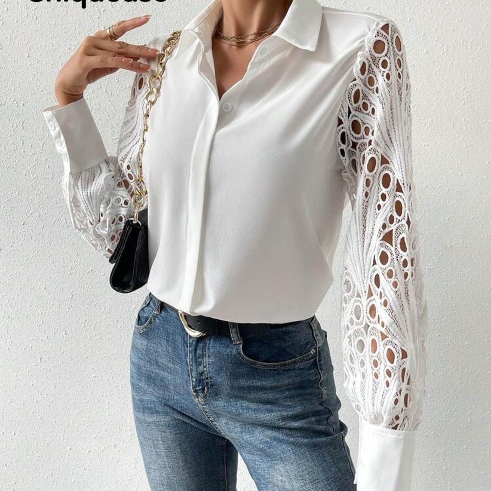SHEIN White Lace Sleeve Blouse - Picture 3 of 10
